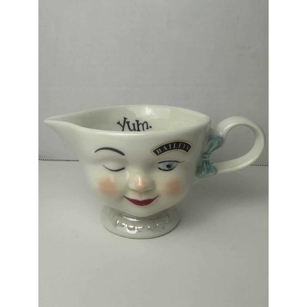 Vtg 1996 Baileys Irish Cream Creamer 6 oz Winking Face Girl Blue Bow Porcelain